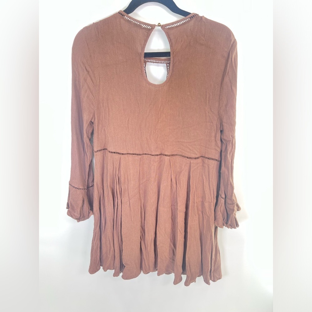 Entro Brown Boho Bell Sleeve Mini Dress or Tunic Shirt Size L Large - Picture 2 of 11